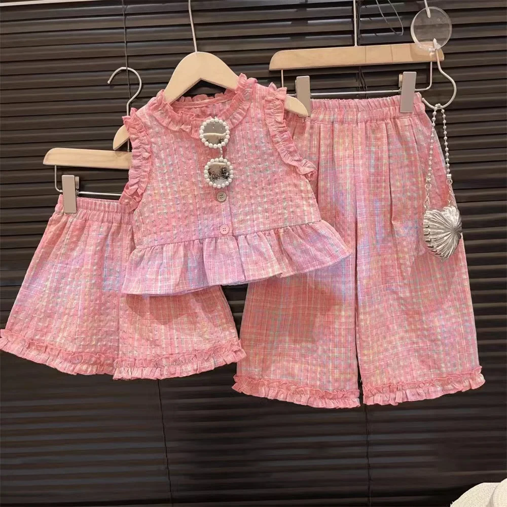 

Girls Summer Lace Contrast Checkered Wrapped Tank Top Wide Leg Pants Style 2024 Children's T-shirt Pants Summer Fashion