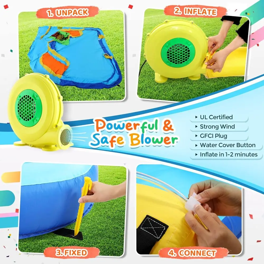 Iatable waterglijbanen voor kinderen met ventilator van 450 W, 6 in 1 opblaaswaterpark, 158x 138 x 89 waterglijbaan met klimwand, splashpool