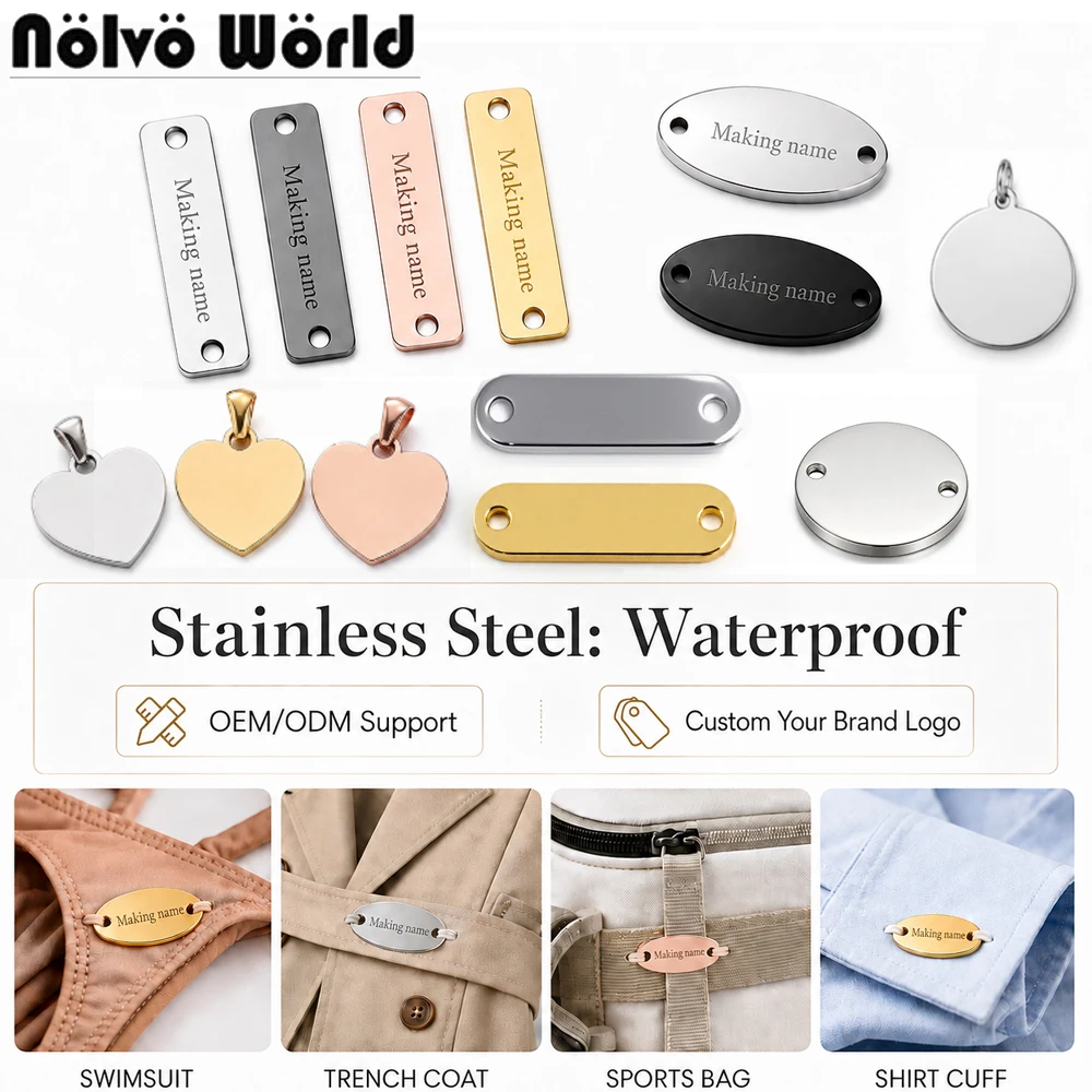 100PCS Stainless Steel Customize Laser Engraved Logo Tags For Sewing Swimwear Clothes Label Charm Pendants Connecter Logo Plates