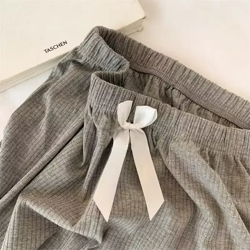 Terno simples de duas peças feminino, pijama longo, terno de manga, casaco de lã, cinza, outono, primavera