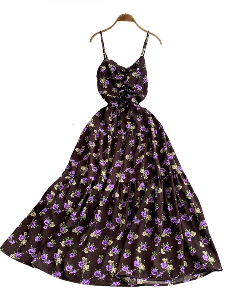 Boho mujer verano elegante estampado floral plisado maxi vestido largo casual sexy correa de espagueti vestido de fiesta elegante túnica vestidos de playa