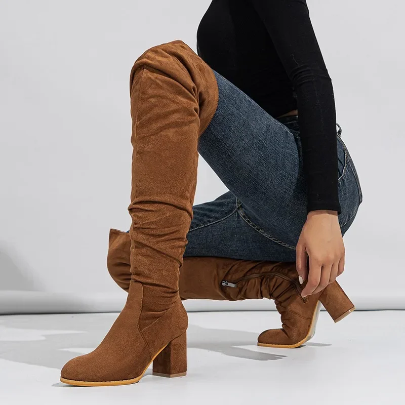 2024 Winter New Pointed Over-the-knee Boots Sexy Zipper Suede Street Mesh Modern Heels Women\'s Boots Outdoor Pleated Long Boots