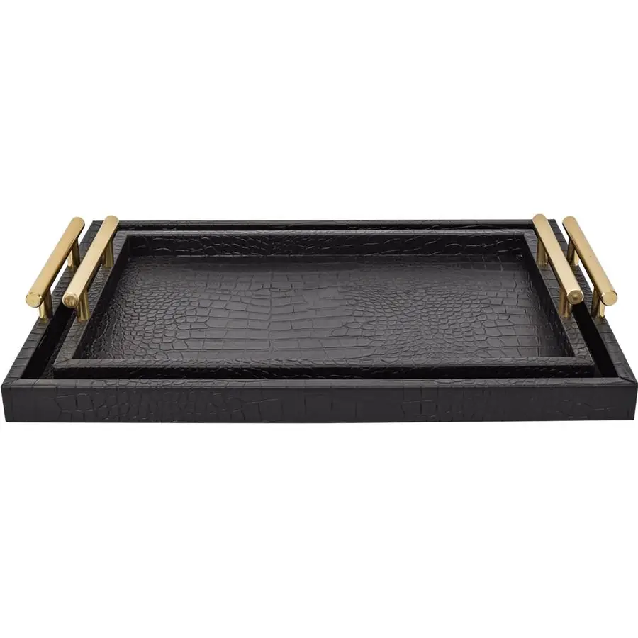 

of 2 Modern Elegant Large Wood Serving Tray, Rectangle Decorative Tray Ottoman Tay Coffee Table Tray, Black Crocodile Leather wi