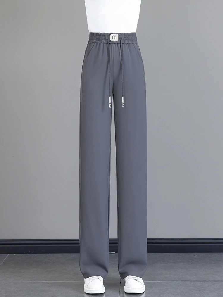 

Серые широкие брюки из ледяного шелка для женщин, летние, тонкие, с высокой талией, прямые, повседневные, спортивные, в корейском стиле, для работы и отдыха