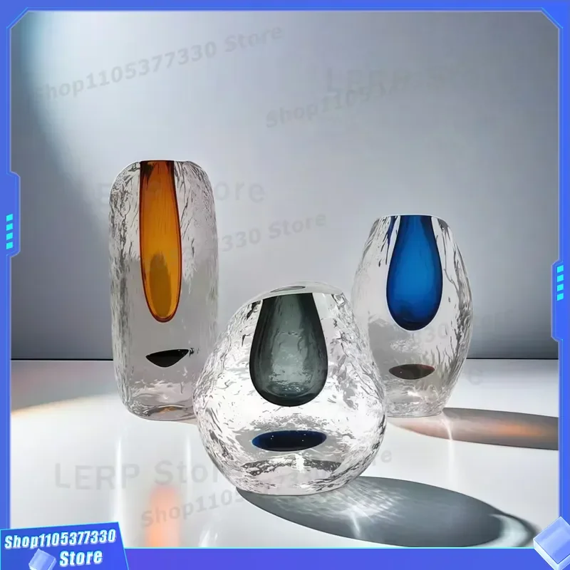 Luxury Glazed Glass Vase for Living Room Decor Transparent Heavy Flower Arrangement Ornament for Dining Table Entrance Home