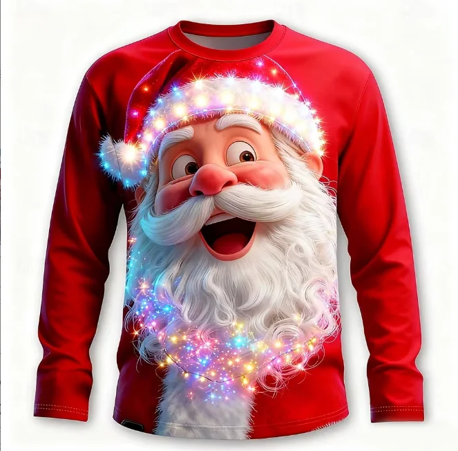 Christmas Men's Santa Claus Print Long Sleeve T-Shirts,Youth Teens Crew Neck Casual Pullover Top,Unisex Holiday Quick-Dry Tops