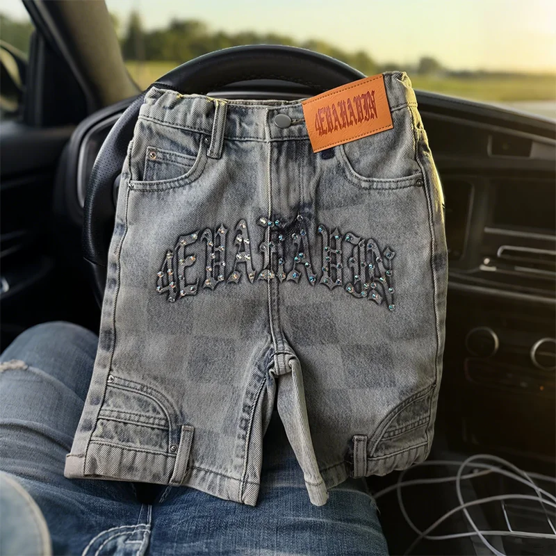 Y2K الاتجاه جينز غير رسمي رقعة الشطرنج نمط رسالة مطرزة عالية الجودة الدنيم السراويل الرجال النساء خمر الشارع الشهير المتعثرة