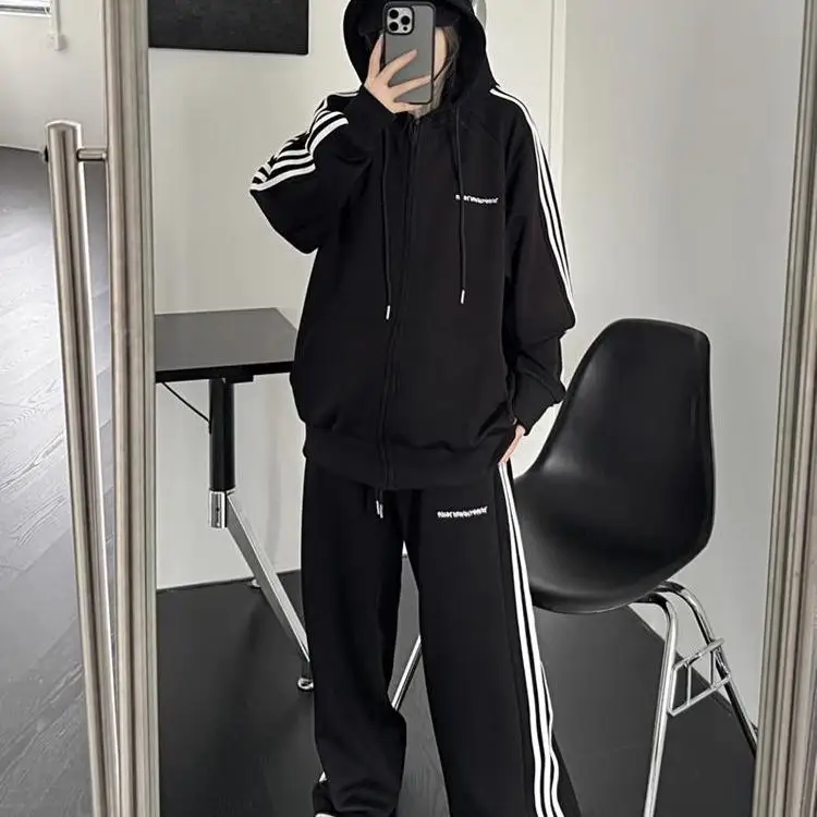 

plus Size 300 Pounds Women's Casual Sportswear Set Autumn Winter Loose Sweatshirt Jacket Wide Leg Pants Two Piece Trendy