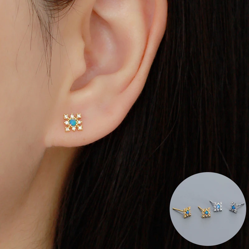 

100% 925 Sterling Silver Opal Geometric Studs Earrings for Women Girl Zircon Snowflake Design Jewelry Party Gift Dropshipping