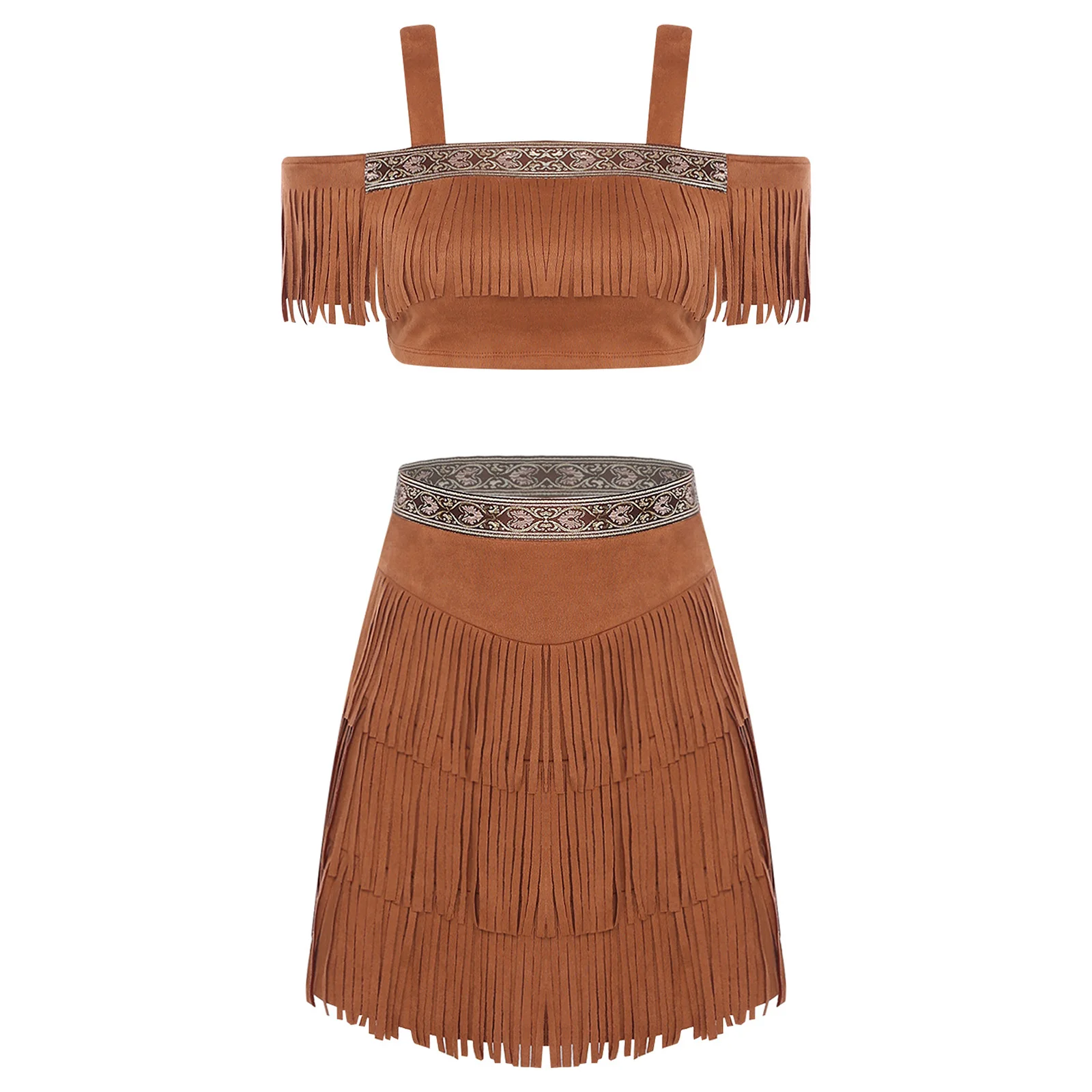 

Women Native Princess Halloween Cosplay Costumes Aboriginal Tribe Dress Up Sets Tassel Faux Suede Sling Crop Top and Mini Skirt