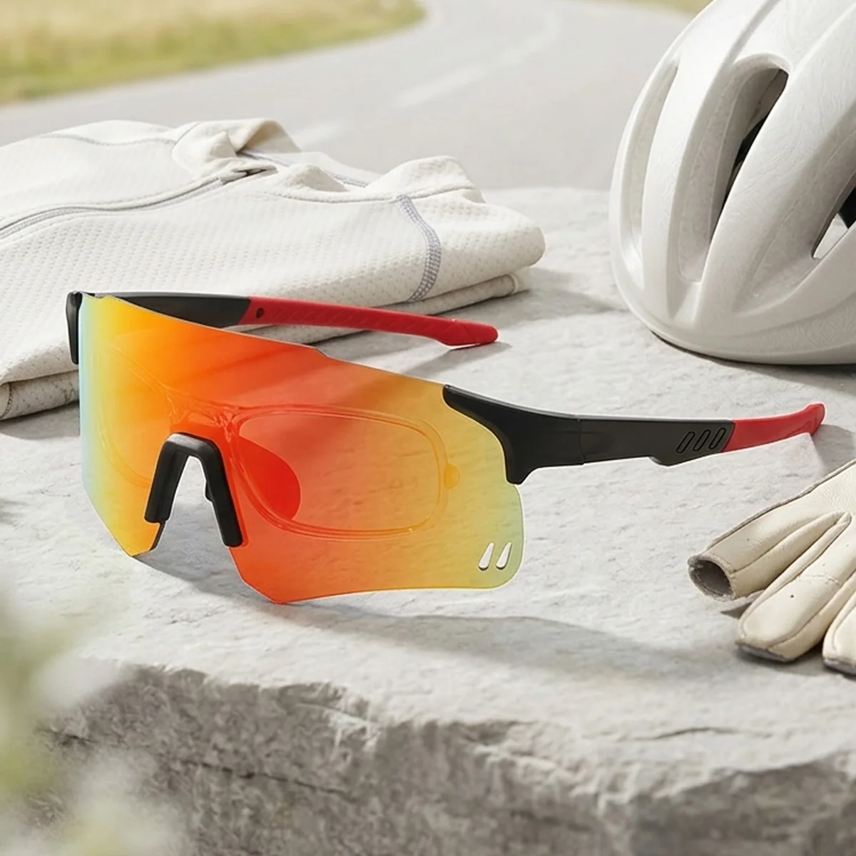 Winddichte Einteilige Sonnenbrille für Männer und Frauen, Outdoor-Sport, Angeln, Fahren, UV400-Schutz, Randlose Spiegelbrille