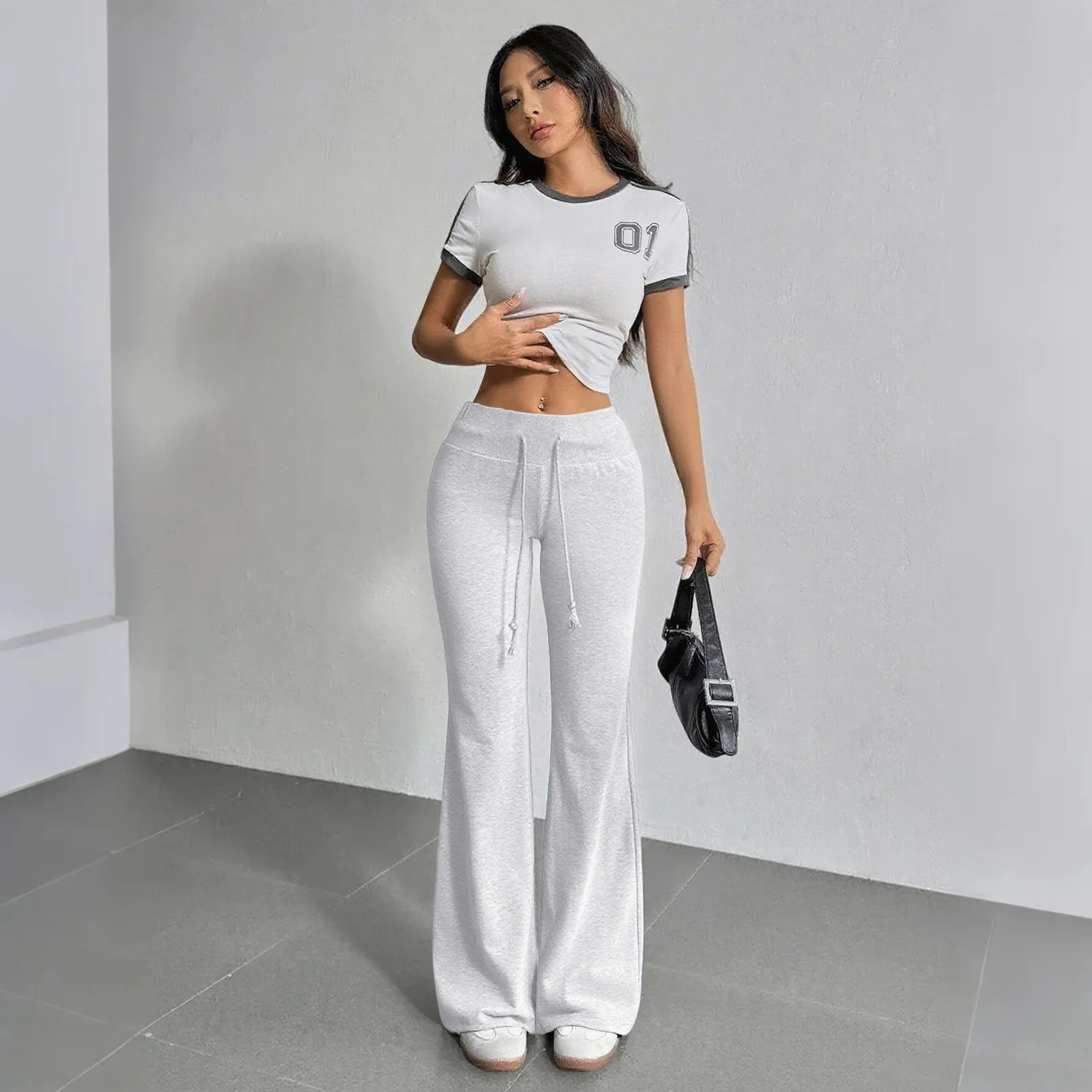 Women Cozy High Waist Flare Pants Drawstring Wide Leg Trousers Casual Sports Sweatpants Loose Fit Streetwear Soft Summer Fashion