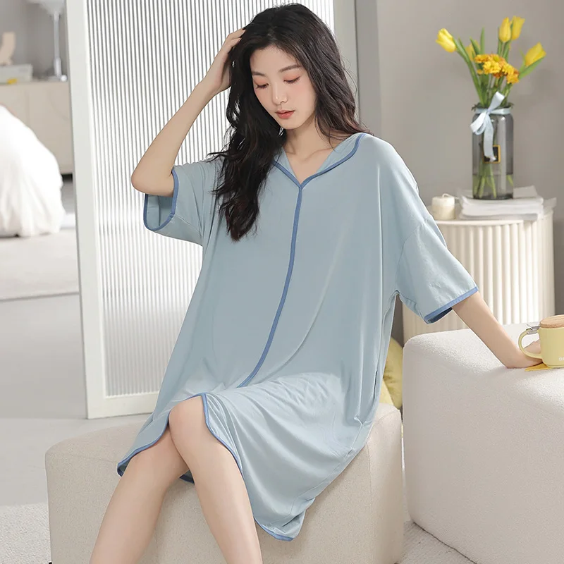

With Chest Pad Women Soft Modal Nightgowns Loose V-Neck Comfy Lightweight Short Sleeves Long Sleepwear Solid Color Sleepdress