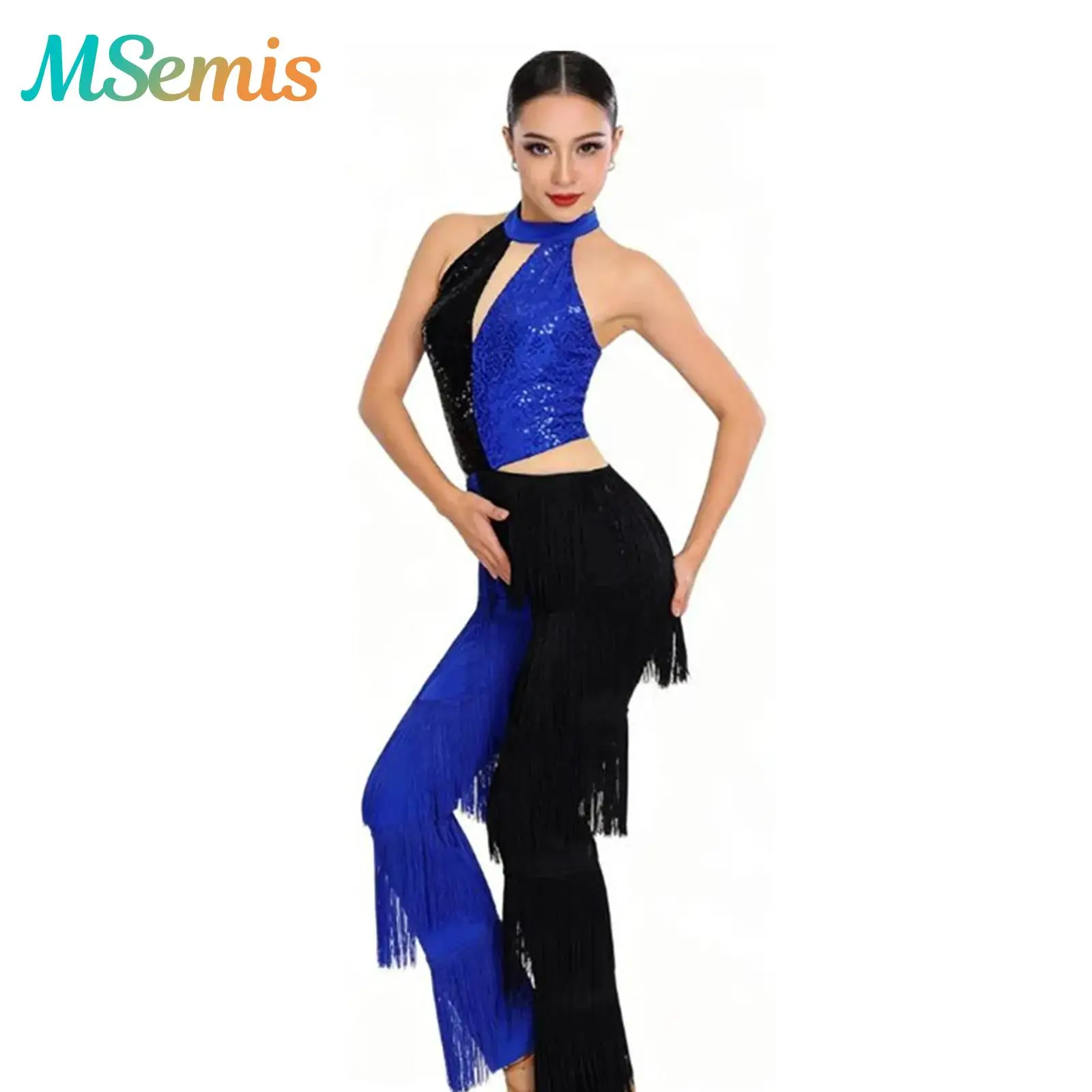 

Womens 70s Disco Latin Ballroom Tango Dance Performance Costume Shiny Sequin Tassel Fringe Long Pants Jumpsuit Bodysuit Clubwear