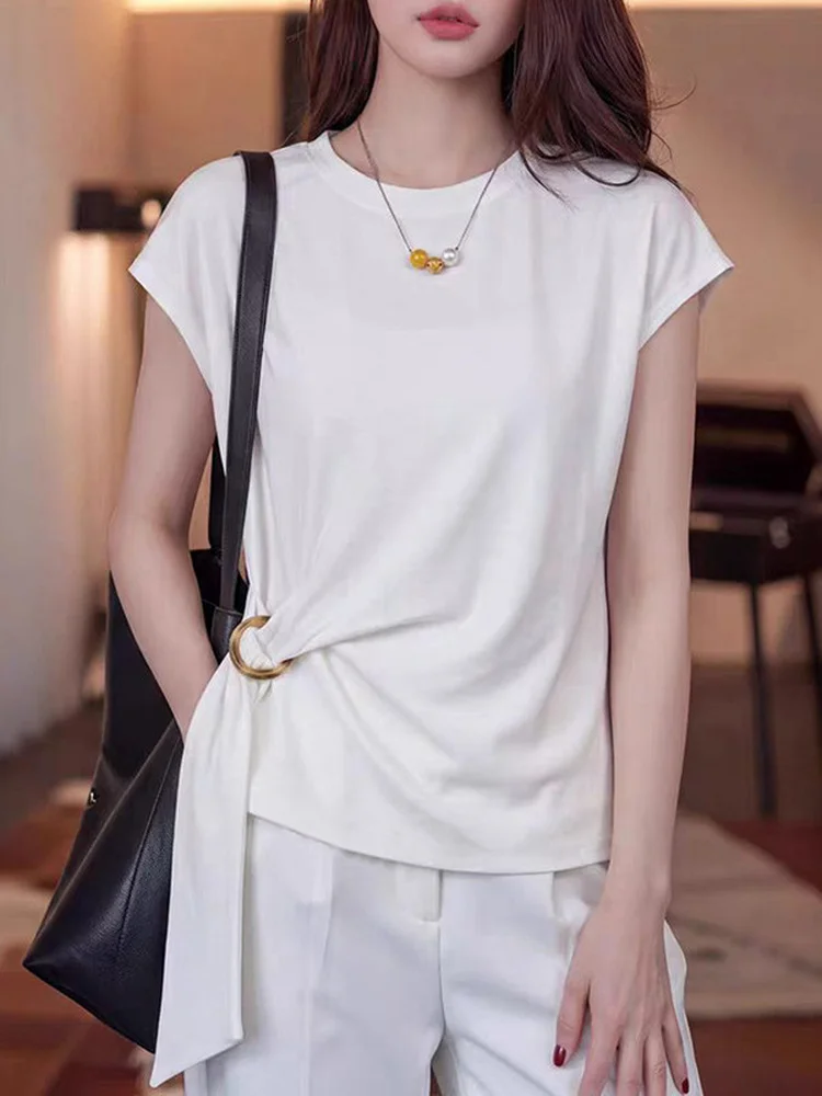 Elegant White Short Sleeve Women's T-shirt with Waist-Cinching Tie Silk Cotton for Commuting Slimming Fashionable Top