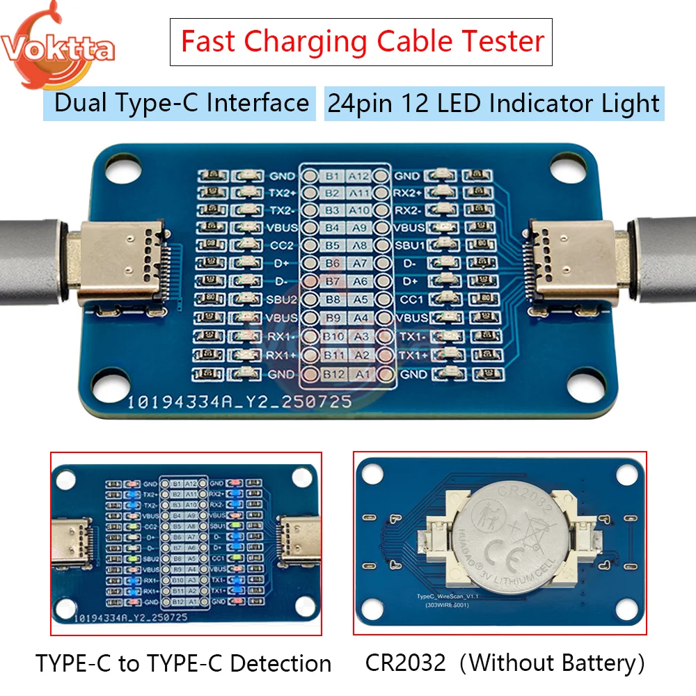 Dual TYPE-C Fast Charging Cable Detection Module 24pin USB-C Data Cable Tester 12 LED Indicator Lights Cable Continuity Checker