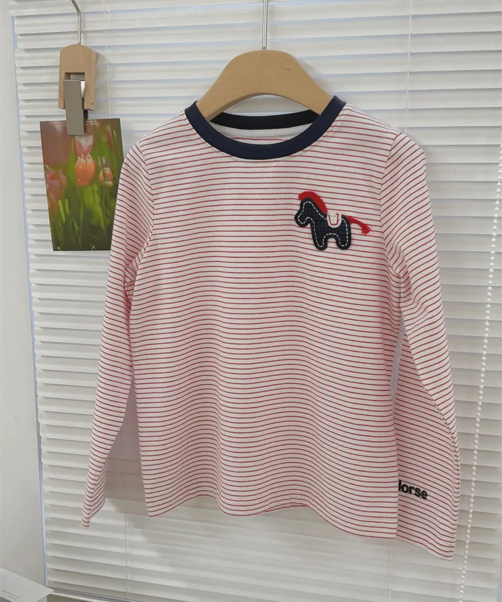 

spring baby girl clothes kids tops cotton soft Pink striped round-neck T-shirt Cartoon pony embroidery casual top