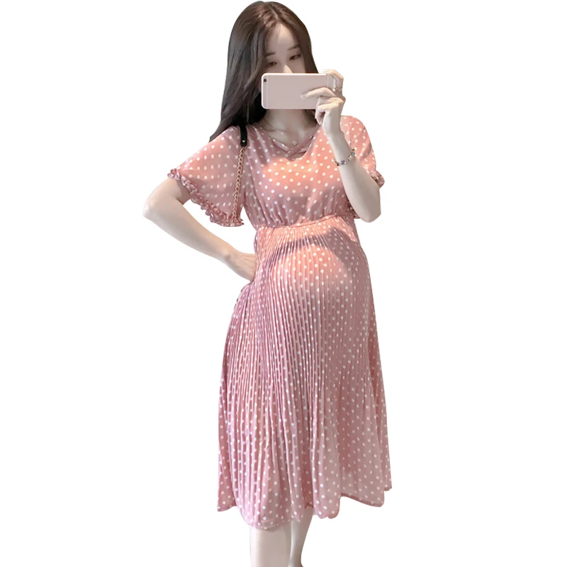 Summer maternity wear clothes pregnant sexy dress korean fashion short sleeve dot Chiffon loose pink dresses for women BC1460