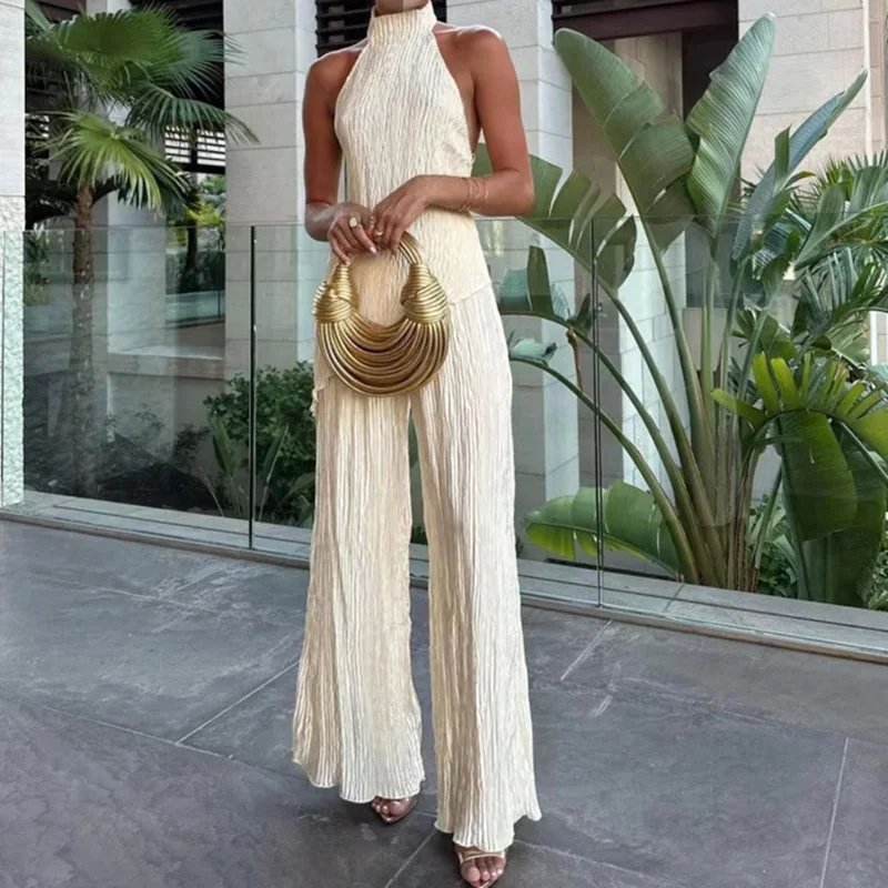 High street halter sem costas blusa & calças de perna larga conjunto verão elegante duas peças festa clube terno 2025 chique dobras roupa feminina