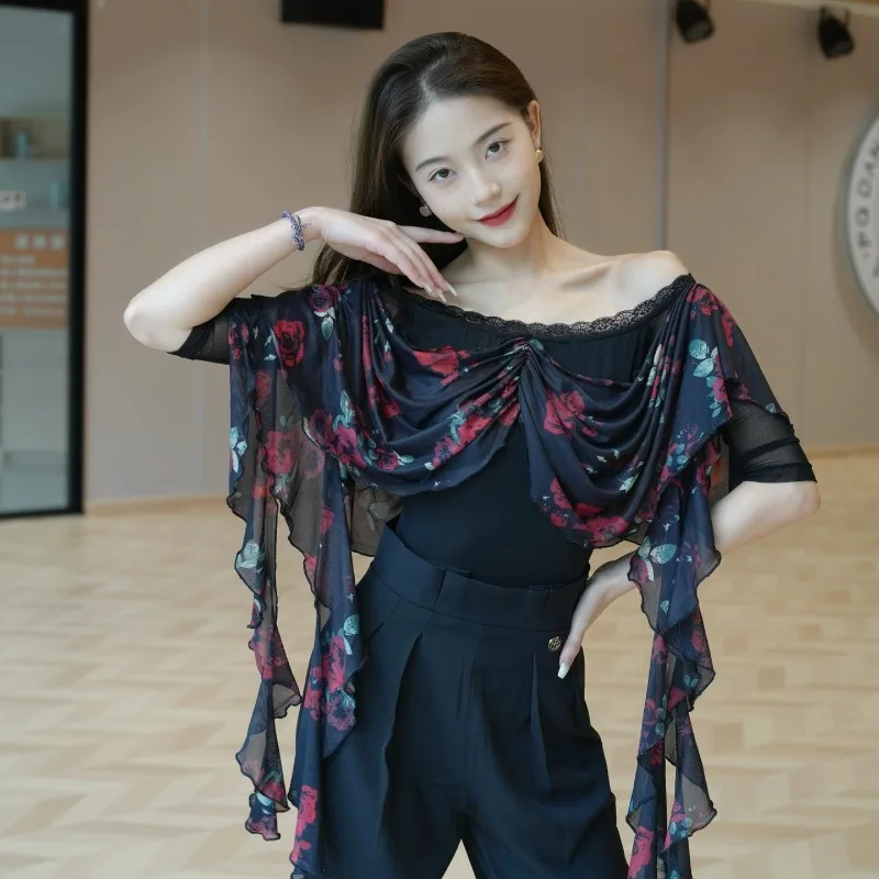 

Платье для современного танца танго по индивидуальному заказу, тренировочный наряд, костюм для выступлений, розовый, черно-белый кружевной соломенный топ с одним воротником для женщин