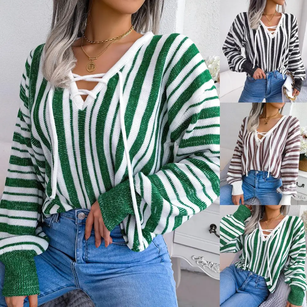 

Осенне-зимний цветной свитер в полоску с принтом тай-дай, свитер-фонарь Све, женский длинный вязаный топ с перекрестной каймой
