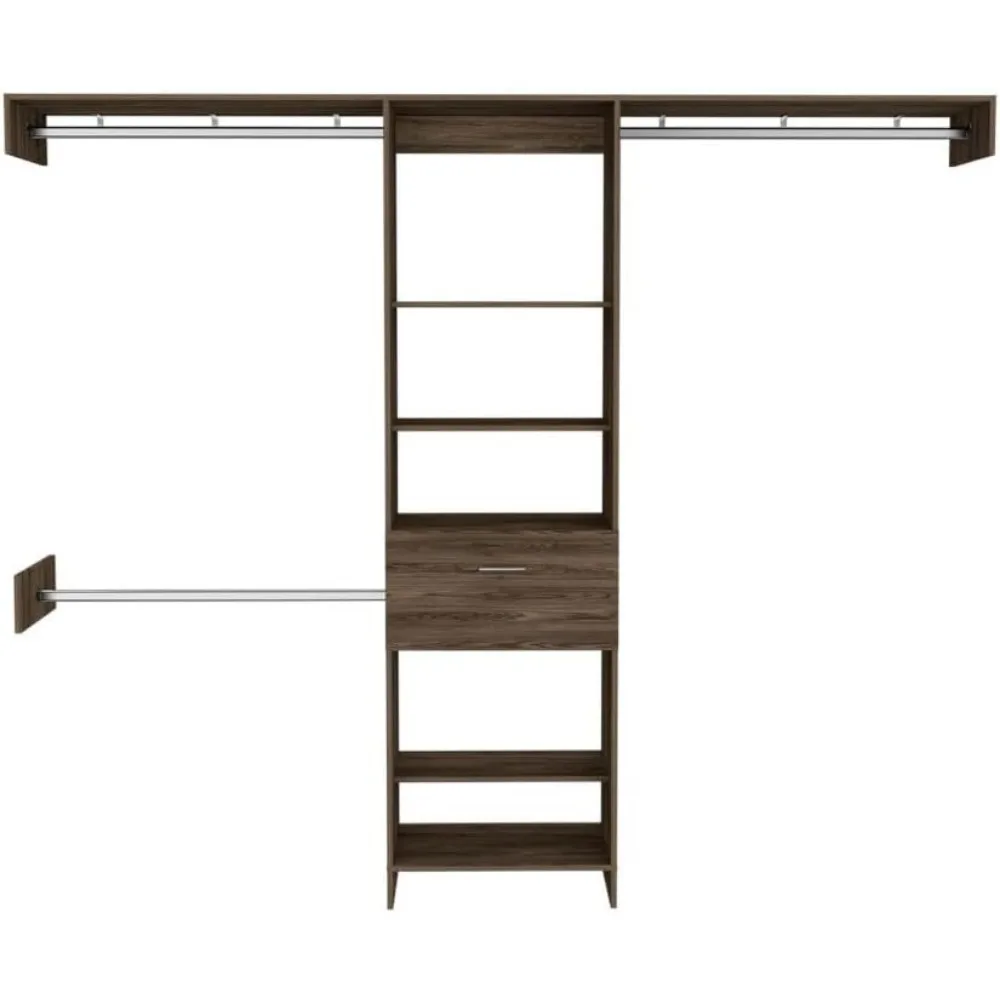 98.4inch Closet System, with Five Open Shelves, One Drawer and Three Metal Rods, Built-In Garment Rack