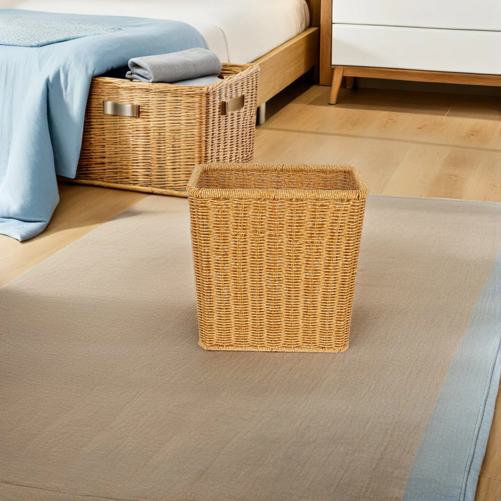 

Imitation Rattan Trash Can Open Top Large Capacity Decorative Plastic Waste Basket Bedroom Living Room Kitchen Office Rubbish