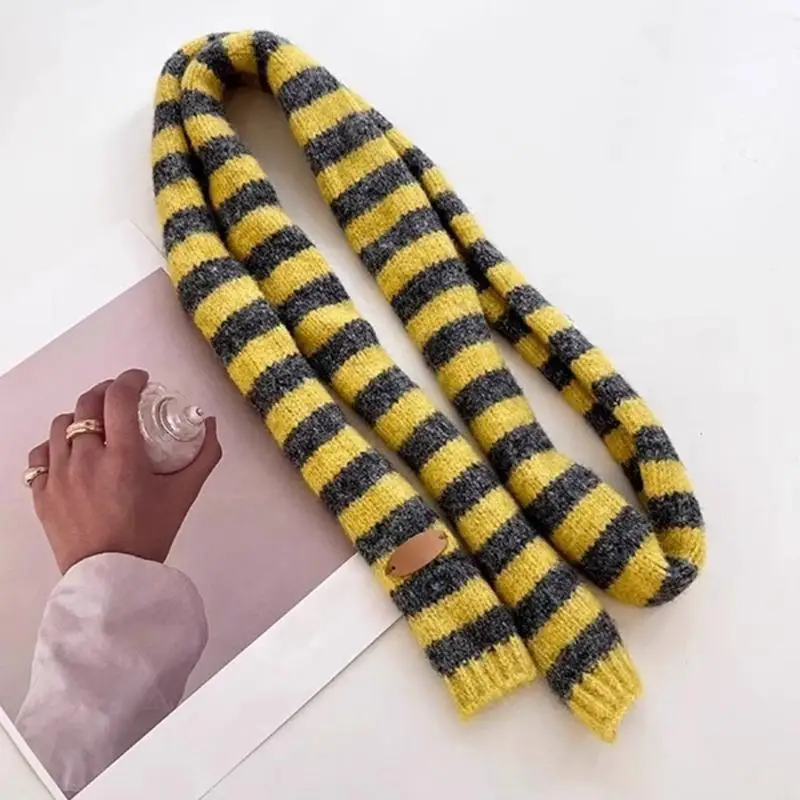 

652F Knit Striped Neckerchief Skinny Scarf Necktie Handbag Wrap Handle Belt