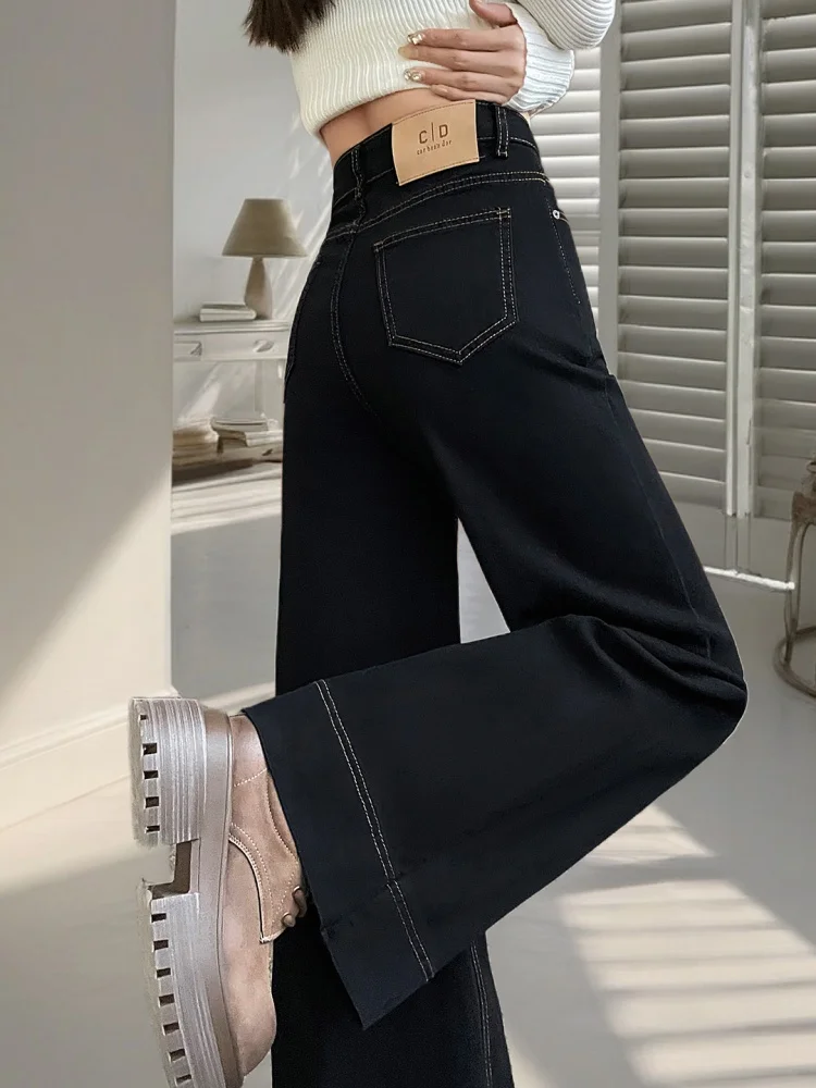 Bla Fce Lined Thi Denim Jeans Women's Autumn Winter High Waist Straight Leg Loose Micro Flared Pants Casual Sle