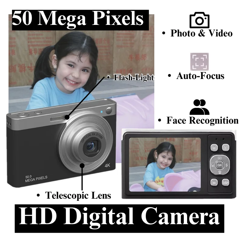 

50MP CCD Digital Camera Video 8X Zoom Telescopic Lens Camera Auto-focus AntiShake Flash Light Vlog Plog Recorder YouTube Cameras