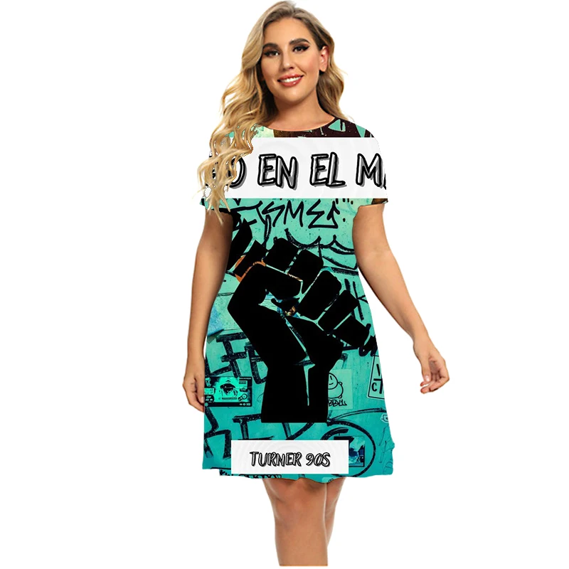 Vestido corto informal para mujer, minivestido holgado de manga corta con estampado de grafiti, talla grande 6XL