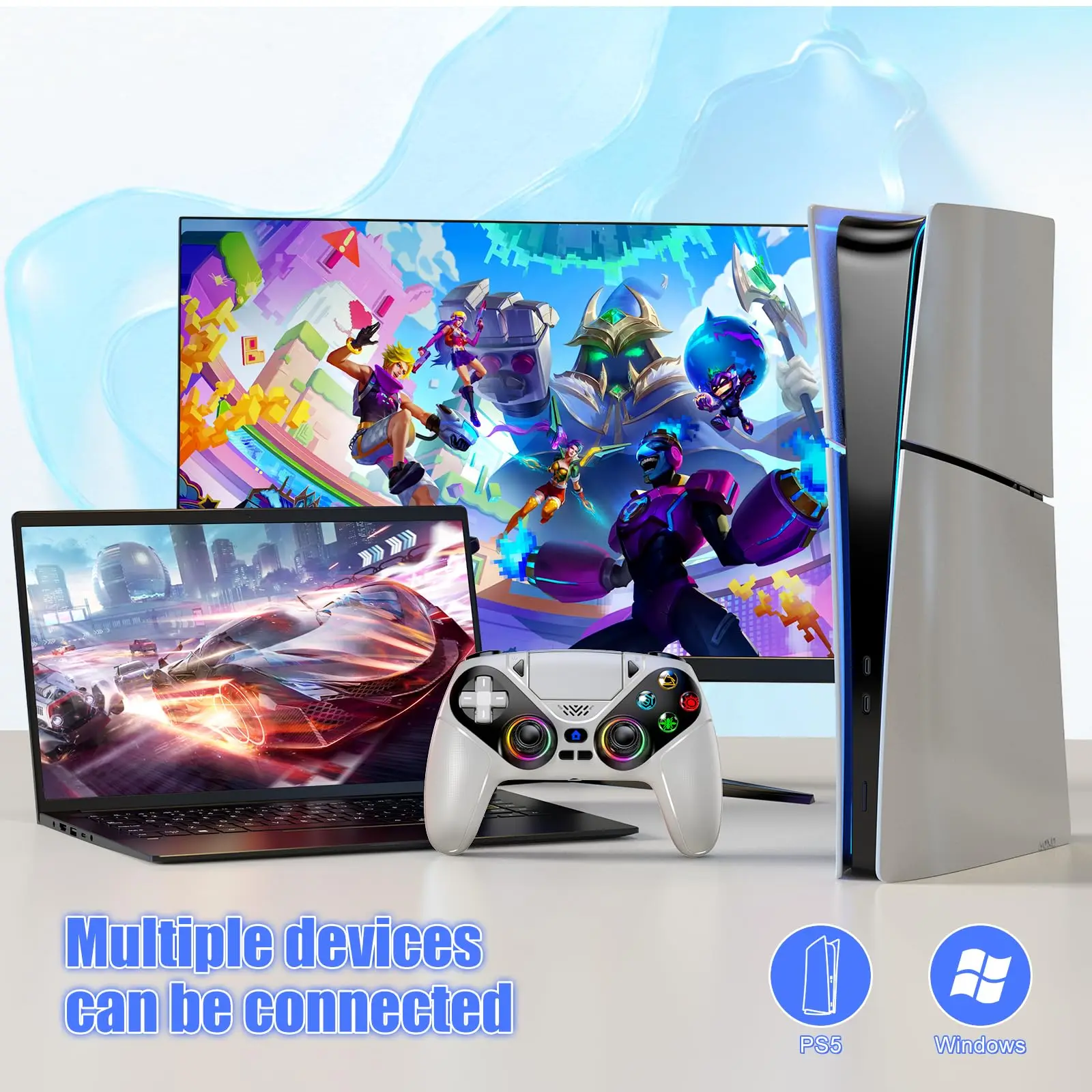 وحدة تحكم لـ PS5 RGB Lirhts وحدات تحكم الألعاب اللاسلكية لـ Playstion 5 Pro/Slim/PC مع تأثير القاعة يشغل الاهتزاز التوربيني