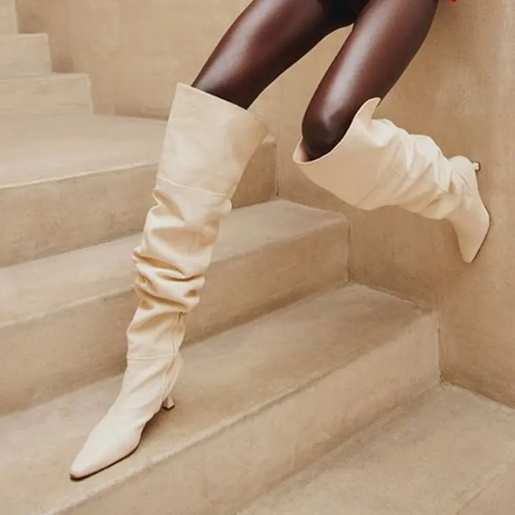 

Ivory Pointed Toe Kitten Heels Over The Knee Boots Loose Fold Rubber Sole Solid Women Winter Casual Fashion Dress Booties