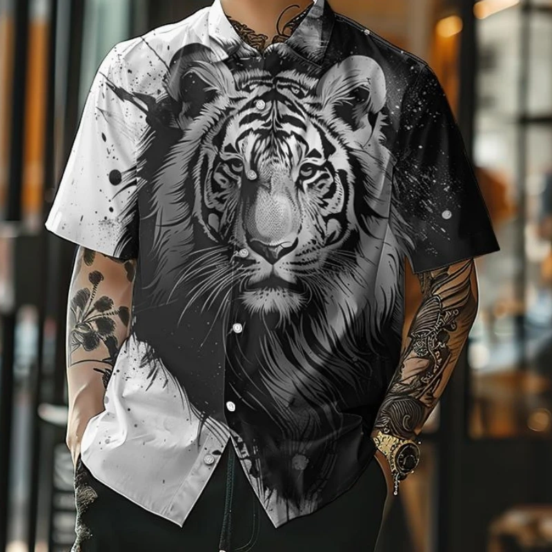 3d Black White Animal Print Men\'s Shirt Fashion Casual Short Sleeve Shirt Retro Loose Oversized Hawaiian Shirts For Men 2024 Top