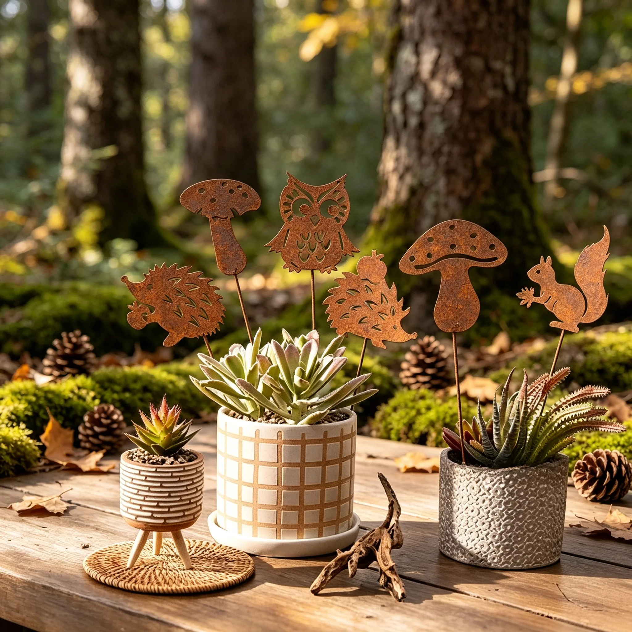 Metal Garden Plant Stakes, Rustic Forest Animal Silhouette, Weather Resistant Metal Art Ornament for Potted Plant Yard Decor