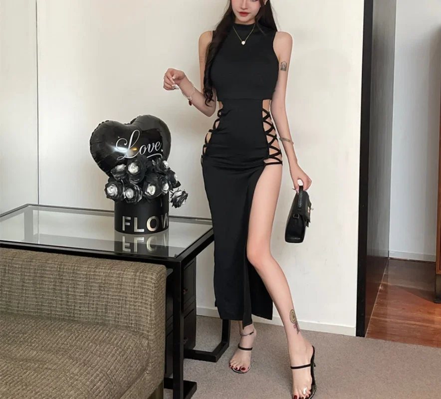 

Sexy Women Sleeveless Dresses Round Neck Lace Up Summer Fashion Split Hollow Out Chic Dress Casual Evening Party Club Vestidos