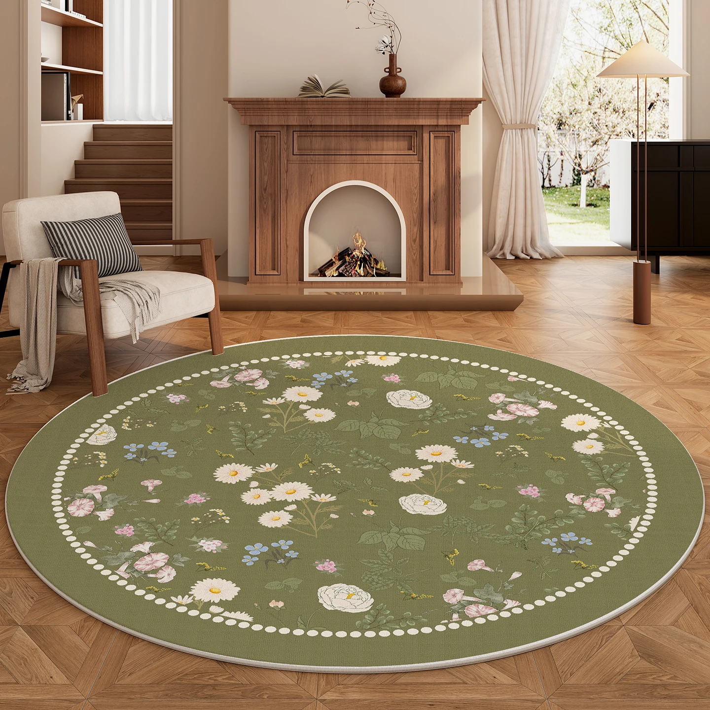 

French Style Bedroom Decor Round Carpet Flower Pattern Carpets for Living Room Washable Study Green Floor Mat Home Anti-slip Rug