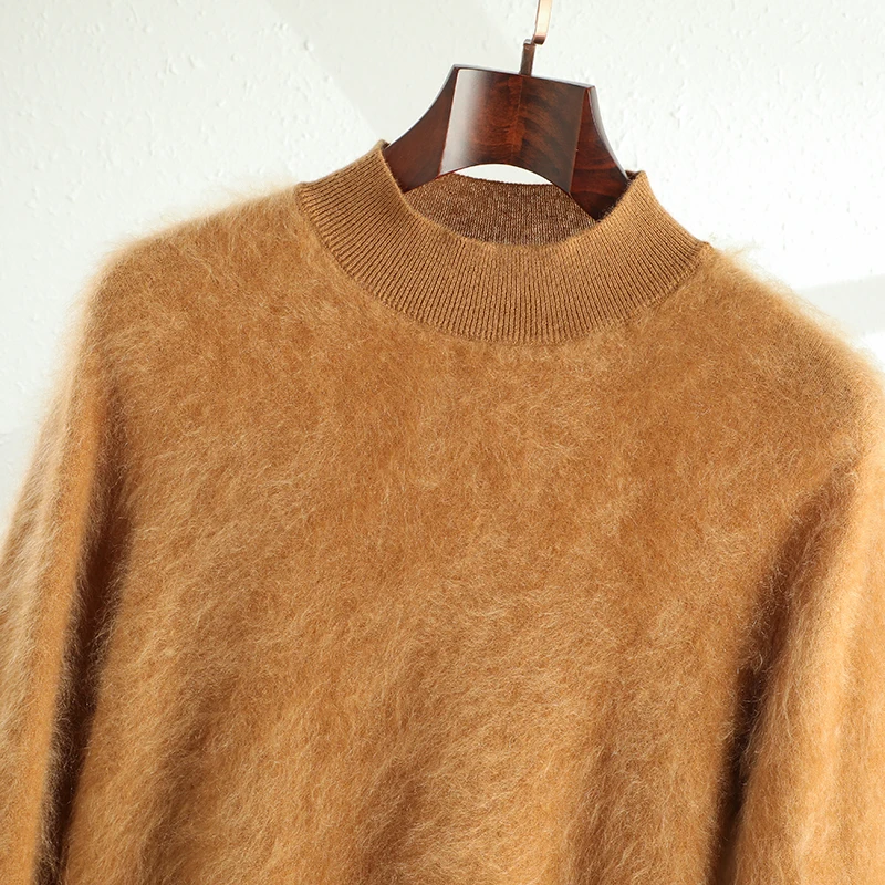 Sweater Pria Bisnis Hangat Berbahan Kasmir Halus 100% Murni, Kerah Setengah Tinggi, Tebal, Longgar, Rajutan