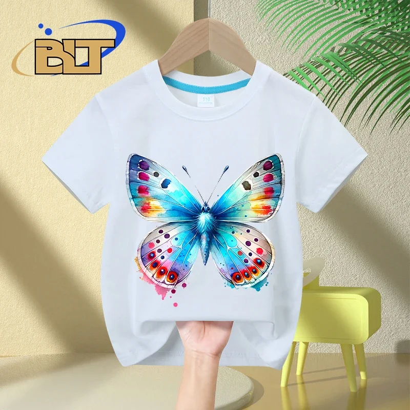 Watercolor Colorful Butterfly print kids T-shirt summer children's cotton short-sleeved casual tops for boys and girls