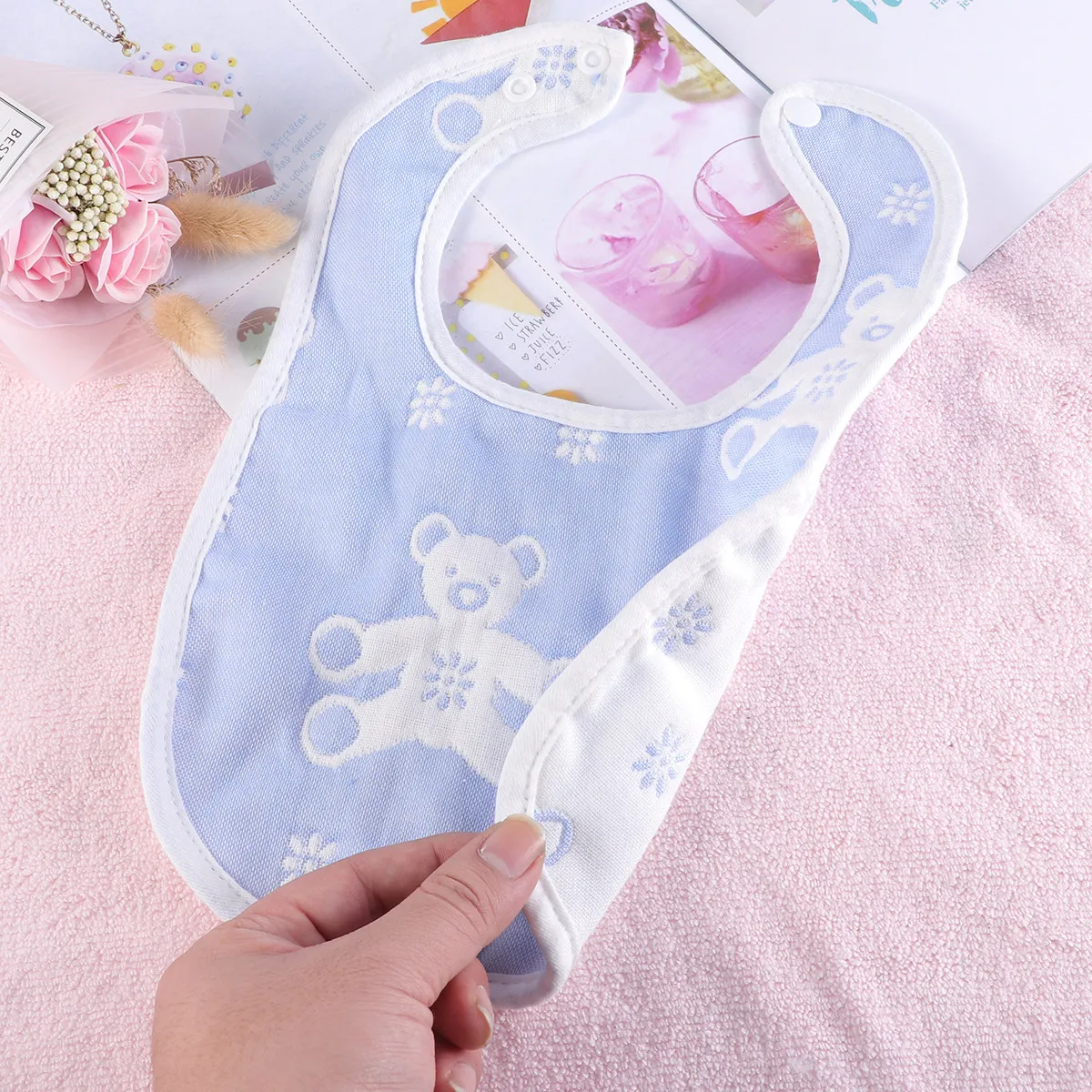 

6-слойные хлопковые нагрудники для младенцев с U-образной застежкой на кнопках, нагрудник от слюней для новорожденных, синий с рисунком медведя, нагрудники для кормления, U-образный нагрудник для малышей