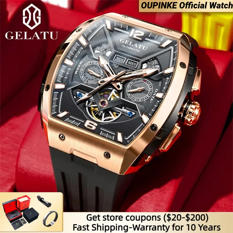 GELATU Flywheel Hollow Automatic Men's Watches Rubber Strap 50ATM Waterproof Luxury Brand Mechanical Wristwatches Man Luminous