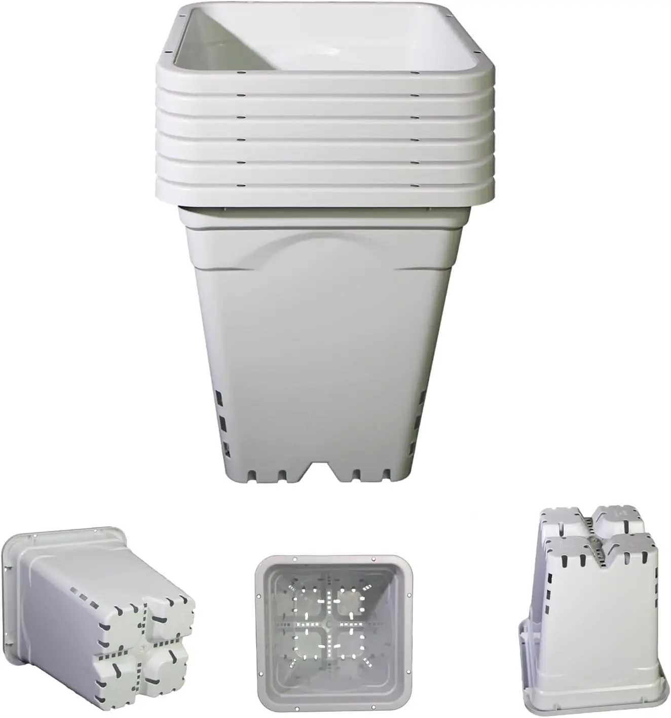 

HG9X9SW 9"x9" White,10" Tall, Pack of 6 White Square Hydroponic Growing Container, Heavy Duty Plastic Plant Pot with Dra