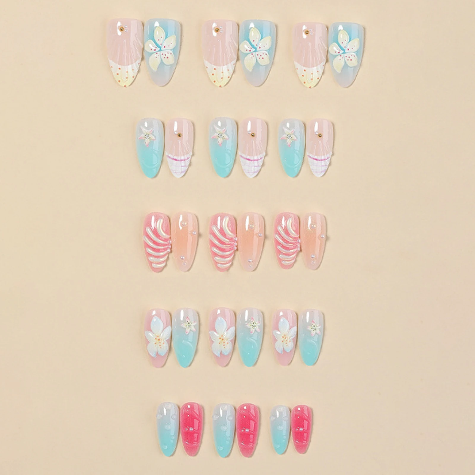 Press on Nails Elegant Daily Commute for Women 3D Polka-Dot Pearl Flower Shell Texture Resin Fake Fingernails Durable Chic