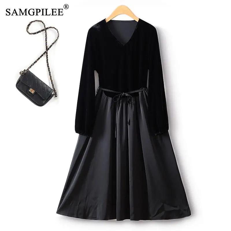 

Elegant And Pretty Women's Dresses 2023 New V-neck Waist Slim Velvet Drape Chiffon Hepburn Autumn Y2k Long Female Dress 4XL