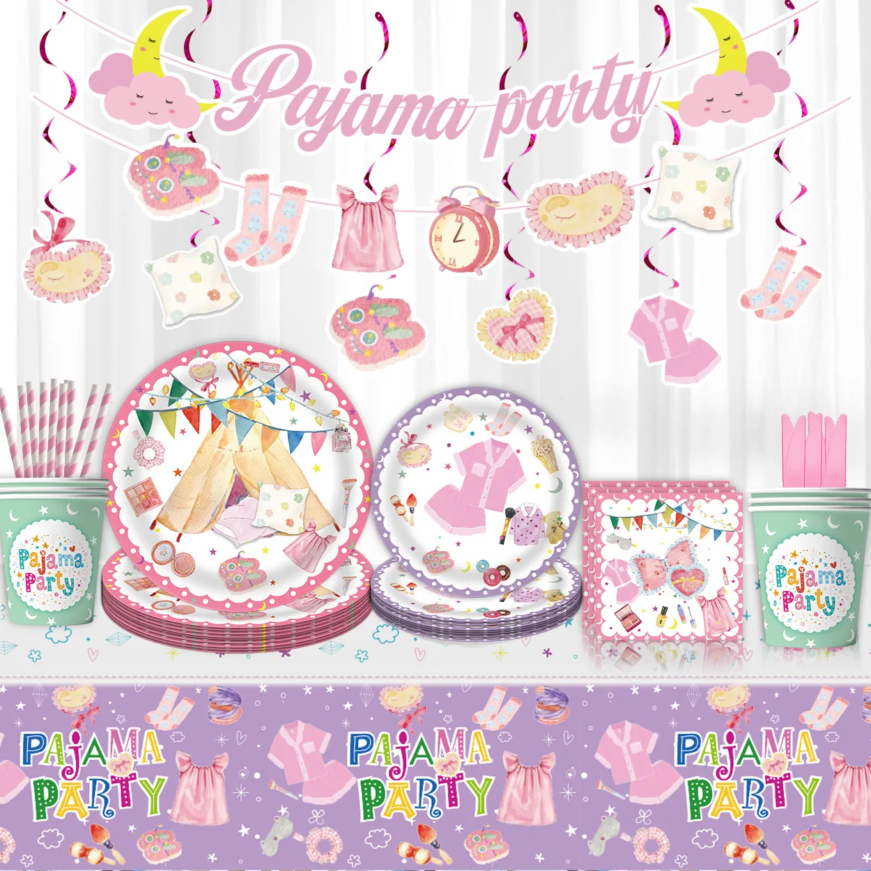 Pajama Spa Birthday Party Decoration, Plates Cups Napkins Tablecloth Banner Girls Women Slumber Pamper Birthday Party