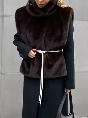Brown Faux Fur Vest Crop Vest Women Fashion Turtleneck Fluffy Short Tank Tops Lady Winter Female Sleeveless Jacket Coats 2025