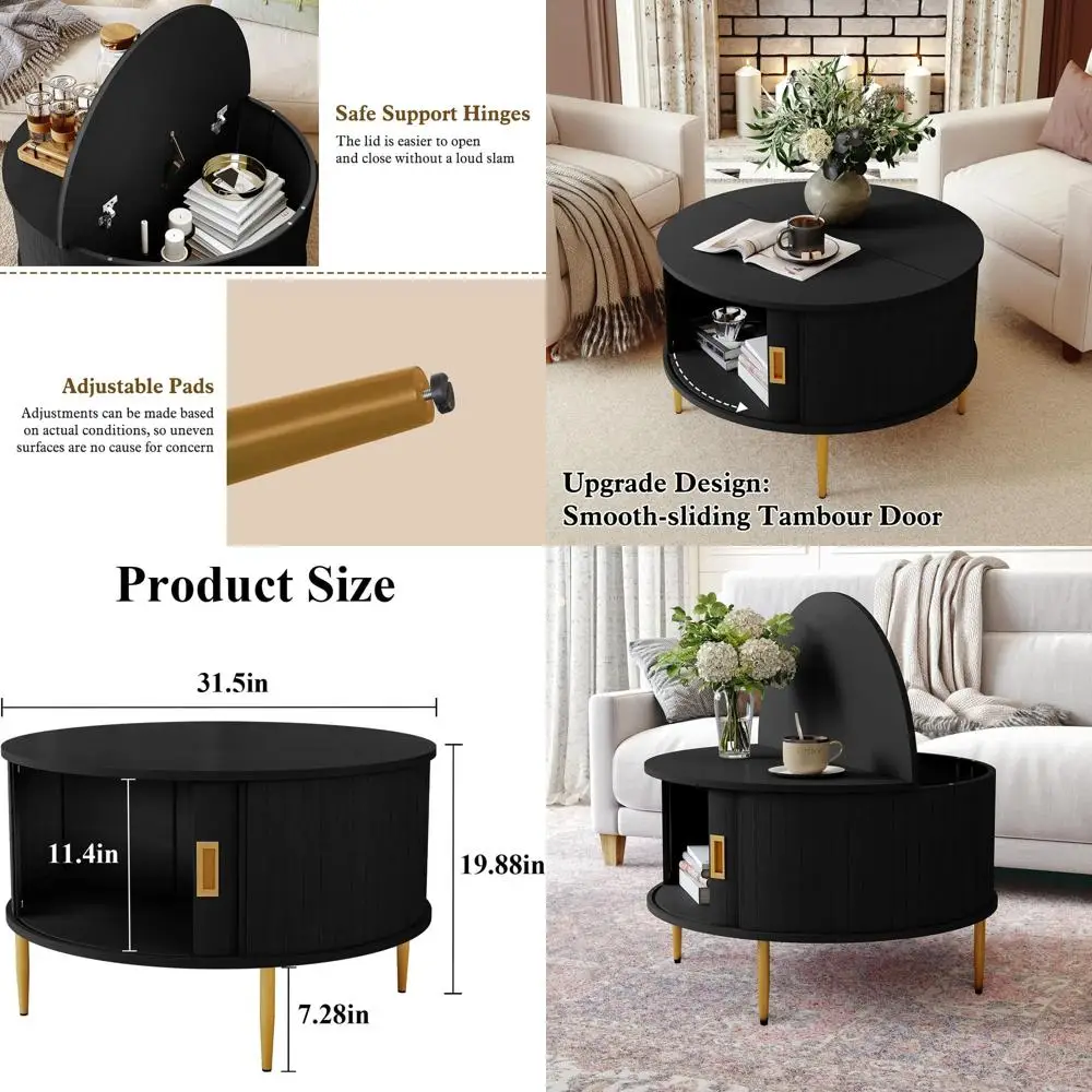 

Round Coffee Table with Storage, Small Wooden Circular Table, Black