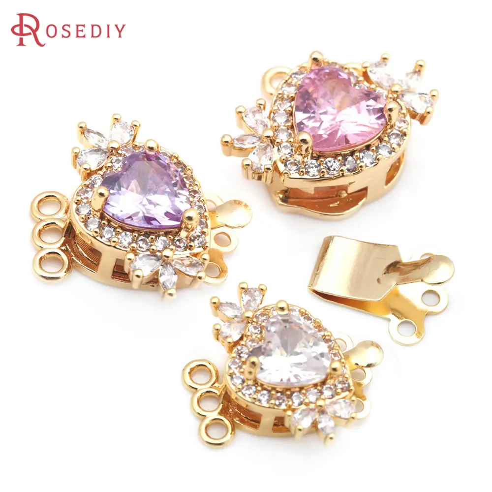 

4 Sets 18K Gold Color Brass Zircon Heart 3 Line Necklaces Connect Clasps High Quality Jewelry Making Supplies Diy Accessories