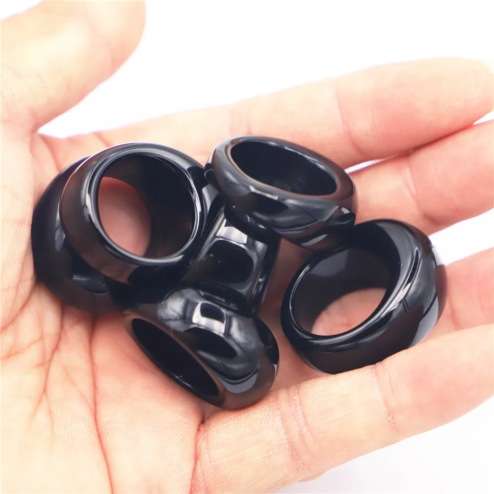 New Natural Stone Smooth Finger Engagement Black Agate Ring Luxury Jewelry Wedding for Women Men Bands Wholesale 15MM 17#18#19#