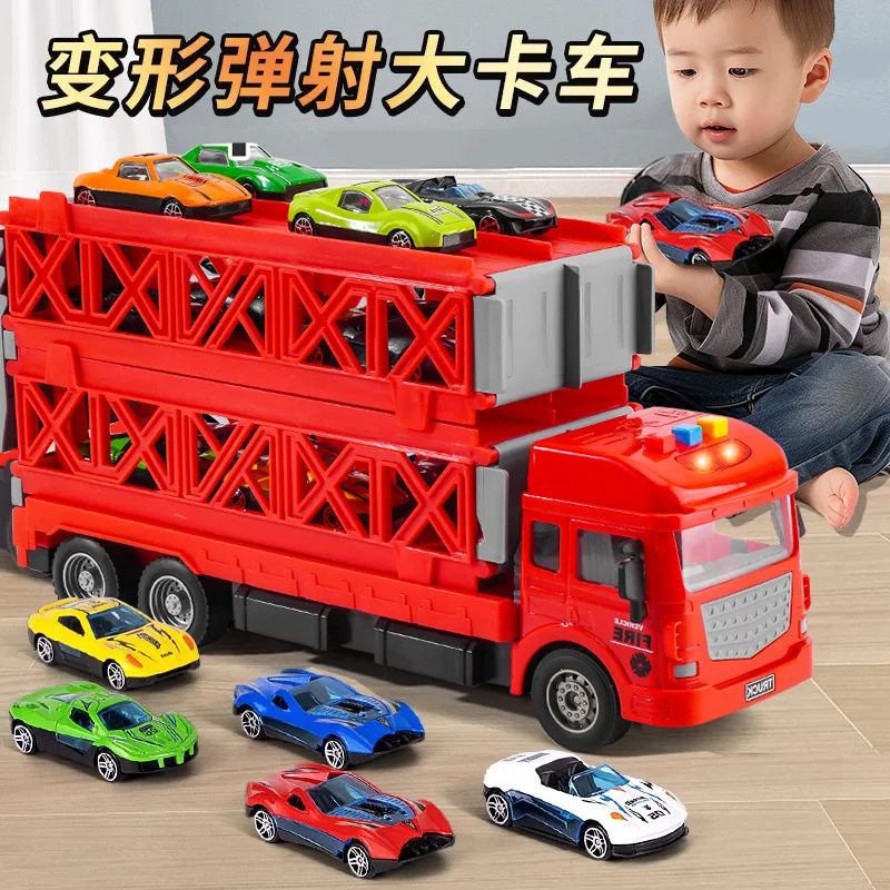 Large Transformable Catapult Big Truck Folding Storage Track Alloy Racing Car Transporter Friction Truck Boy Toy